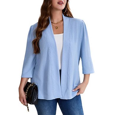 Womens Plus Size Cardigan Casual 3/4 Sleeve Waffle Knit Open Front Tops