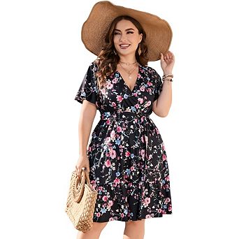Plus Size Dresses for Women V Neck Wrap High Waisted Short Sleeves Casual Midi Dress with Belt