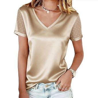 Women's Satin Silk Blouse V Neck Mesh Short Sleeve Dressy Casual Work Office Shirt Top