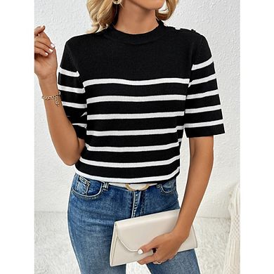 Women's Casual Stripe Knit Top Mock Neck Short Sleeve Shoulder Button Blouse for Work Office