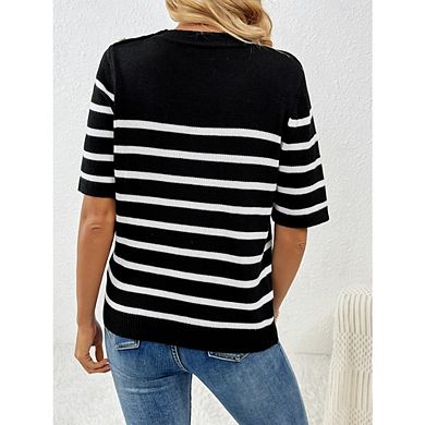 Women's Casual Stripe Knit Top Mock Neck Short Sleeve Shoulder Button Blouse for Work Office