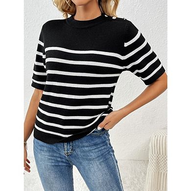 Women's Casual Stripe Knit Top Mock Neck Short Sleeve Shoulder Button Blouse for Work Office