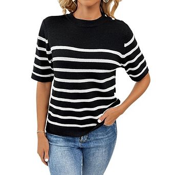 Women's Casual Stripe Knit Top Mock Neck Short Sleeve Shoulder Button Blouse for Work Office