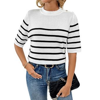 Women's Casual Stripe Knit Top Mock Neck Short Sleeve Shoulder Button Blouse for Work Office