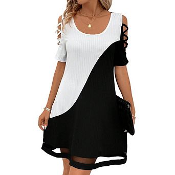 Women's Casual Color Block Hollow Mesh Midi Dress Cold Shoulder Short Sleeve Dresses