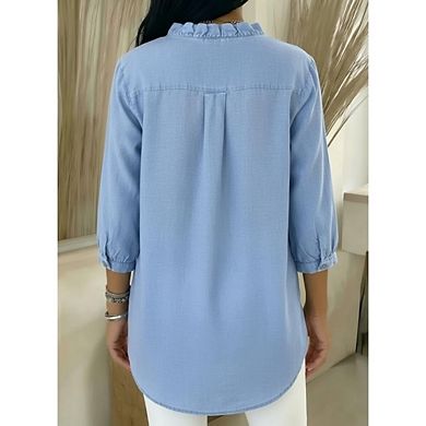 Women's 3/4 Puff Sleeve Denim Blouse Ruffled V-Neck Curved Hem Casual Top