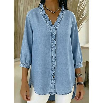 Women's 3/4 Puff Sleeve Denim Blouse Ruffled V-Neck Curved Hem Casual Top