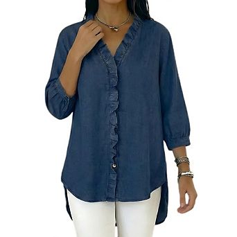 Women's 3/4 Puff Sleeve Denim Blouse Ruffled V-Neck Curved Hem Casual Top