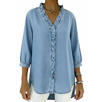 Women's 3/4 Puff Sleeve Denim Blouse Ruffled V-Neck Curved Hem Casual Top