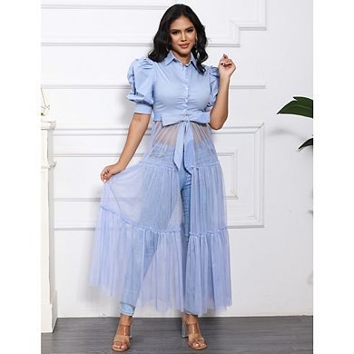 Women Lapel Puff Short Sleeve Button Mesh Shirt Bodycon High Low Asymmetrical Ruffle Tunics Blouse