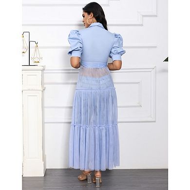 Women Lapel Puff Short Sleeve Button Mesh Shirt Bodycon High Low Asymmetrical Ruffle Tunics Blouse