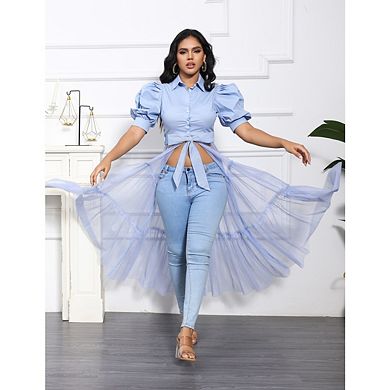Women Lapel Puff Short Sleeve Button Mesh Shirt Bodycon High Low Asymmetrical Ruffle Tunics Blouse