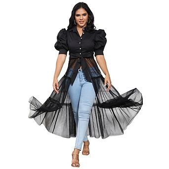 Women Lapel Puff Short Sleeve Button Mesh Shirt Bodycon High Low Asymmetrical Ruffle Tunics Blouse