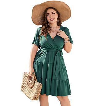 Women Plus Size V Neck Wrap Dress Casual High Waist A Line Short Sleeves Midi Dress with Belt