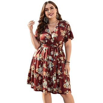 Women Plus Size V Neck Wrap Dress Casual High Waist A Line Short Sleeves Midi Dress with Belt