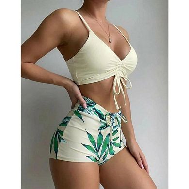 Women's 2 Pieces Drawstring Bikini Sets Top Tropical Print High Waist Shorts Bathing Suits