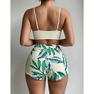 Women's 2 Pieces Drawstring Bikini Sets Top Tropical Print High Waist Shorts Bathing Suits