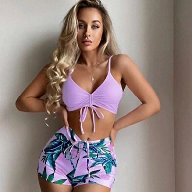 Women's 2 Pieces Drawstring Bikini Sets Top Tropical Print High Waist Shorts Bathing Suits