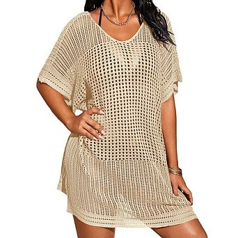Women's Crochet Knit Sweater Cover Up Short Sleeve V Neck Side Slit Coverup Dress