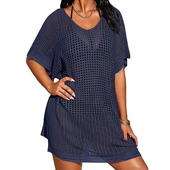 Women's Crochet Knit Sweater Cover Up Short Sleeve V Neck Side Slit Coverup Dress