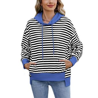 Women's Striped Hooded Sweatshirt Causal Long Sleeve Pullover Contrast Hoodies Top