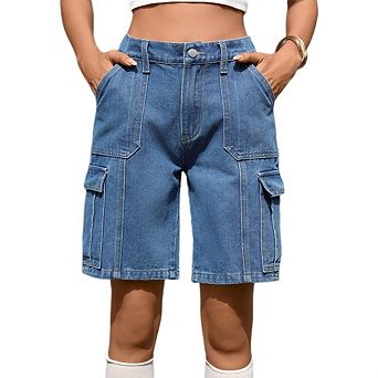 Women's Casual Cargo Shorts, High Waisted Stretch Wide Leg, Knee Length Relaxed Fit