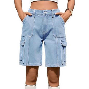 Women's Casual Cargo Shorts, High Waisted Stretch Wide Leg, Knee Length Relaxed Fit
