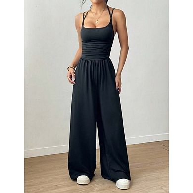 Women's Casual Sleeveless Wide Leg Jumpsuits Solid Color Workout Romper With Pockets