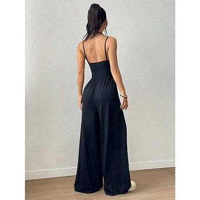 Women's Casual Sleeveless Wide Leg Jumpsuits Solid Color Workout Romper With Pockets