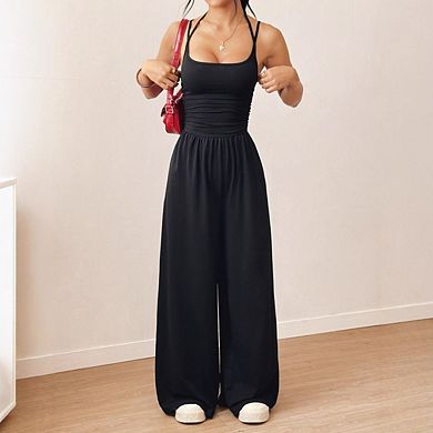 Women's Casual Sleeveless Wide Leg Jumpsuits Solid Color Workout Romper With Pockets