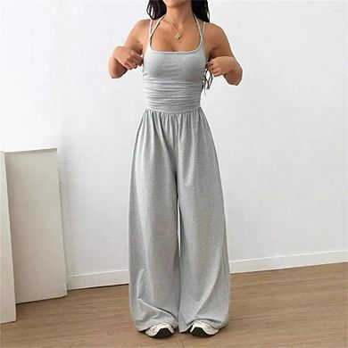Womens Casual Jumpsuit Sleeveless Wide Leg Romper Workout Active One Piece with Pockets