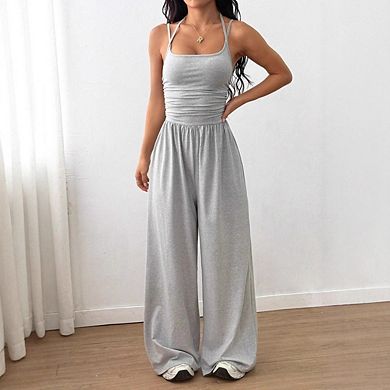 Womens Casual Jumpsuit Sleeveless Wide Leg Romper Workout Active One Piece with Pockets