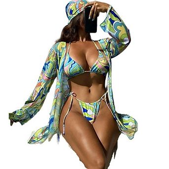 Women's 3 pc Swimsuits Allover Print Halter Triangle Bikini Bathing Suit