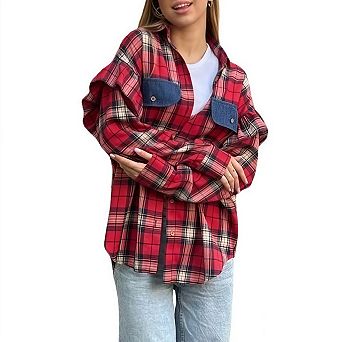 Womens Button Down Oversized Shirts Long Sleeve Plaid Shackets Business Casual Blouse Top