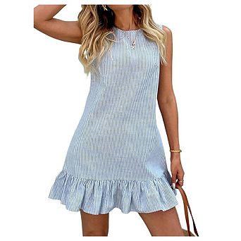 Women's Casual Striped Print Sleeveless Dress Ruffle Hem Summer Swing Flowy Mini Dresses