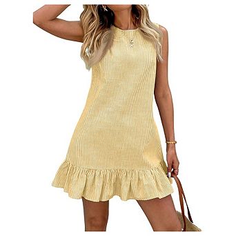 Women's Casual Striped Print Sleeveless Dress Ruffle Hem Summer Swing Flowy Mini Dresses