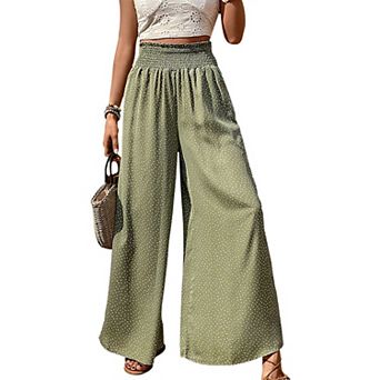 Women Ditsy Dot Smocked High-Waisted Wide Leg Straight Long Pants Boho Summer Casual Pocket Trousers