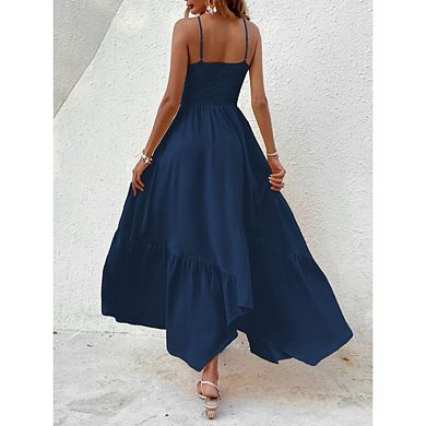 Women's Summer Spaghetti Strap Dress Smocked Ruffle Flowy A Line Asymmetrical Hem Sundress