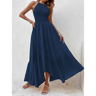 Women's Summer Spaghetti Strap Dress Smocked Ruffle Flowy A Line Asymmetrical Hem Sundress