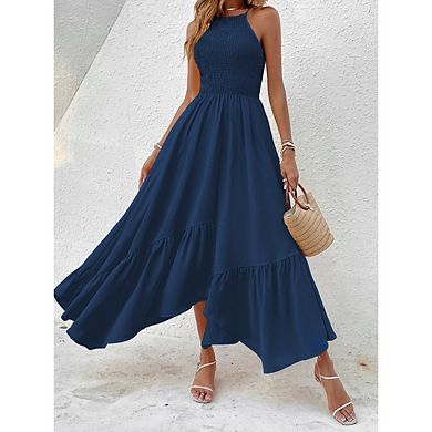 Women's Summer Spaghetti Strap Dress Smocked Ruffle Flowy A Line Asymmetrical Hem Sundress