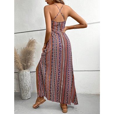 Women's Casual Printed High Waist Beach Dress Backless Ruffle Side Slit Maxi Beach Dresses