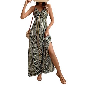 Women's Casual Printed High Waist Beach Dress Backless Ruffle Side Slit Maxi Beach Dresses