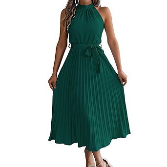 Women's Summer Halter Neck Pleated Midi Dress, Flowy A-Line Beach Sundress with Belt for Cocktail