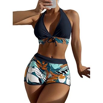 Women Two Piece Swimsuit Floral Tropical High Waisted Beachwear Board Shorts Halter Tops