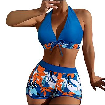 Women Two Piece Swimsuit Floral Tropical High Waisted Beachwear Board Shorts Halter Tops
