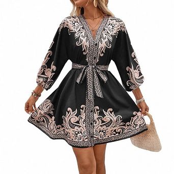 Women's Boho 3/4 Sleeve Paisley Mini Dress with Empire Waist, V-Neck & Ruffles
