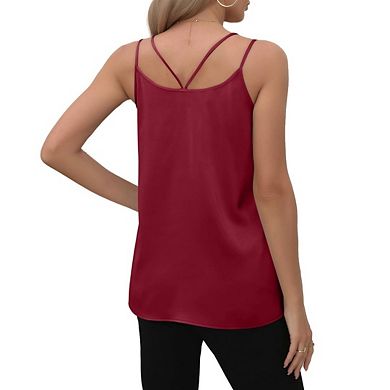 Women's Double Spaghetti Strap V Neck Tank Tops Loose Casual Sleeveless Solid Color Top