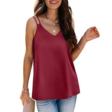 Women's Double Spaghetti Strap V Neck Tank Tops Loose Casual Sleeveless Solid Color Top