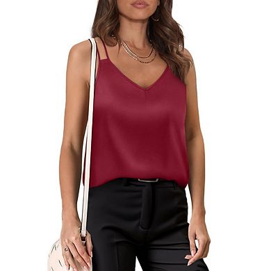 Women's Double Spaghetti Strap V Neck Tank Tops Loose Casual Sleeveless Solid Color Top