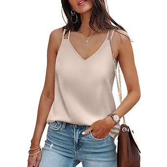 Women's Double Spaghetti Strap V Neck Tank Tops Loose Casual Sleeveless Solid Color Top